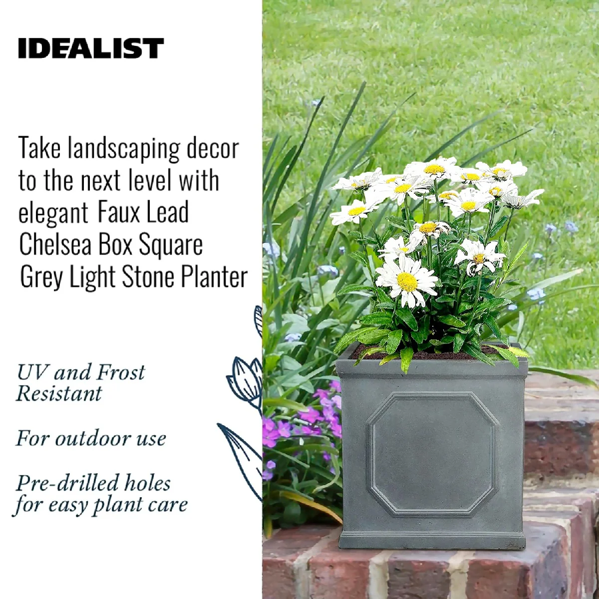 IDEALIST Lite Chelsea Flower Box Square Garden Planter, Faux Lead Light Stone Outdoor Plant Pot W22 H22 L22 cm, 11L - Image 3