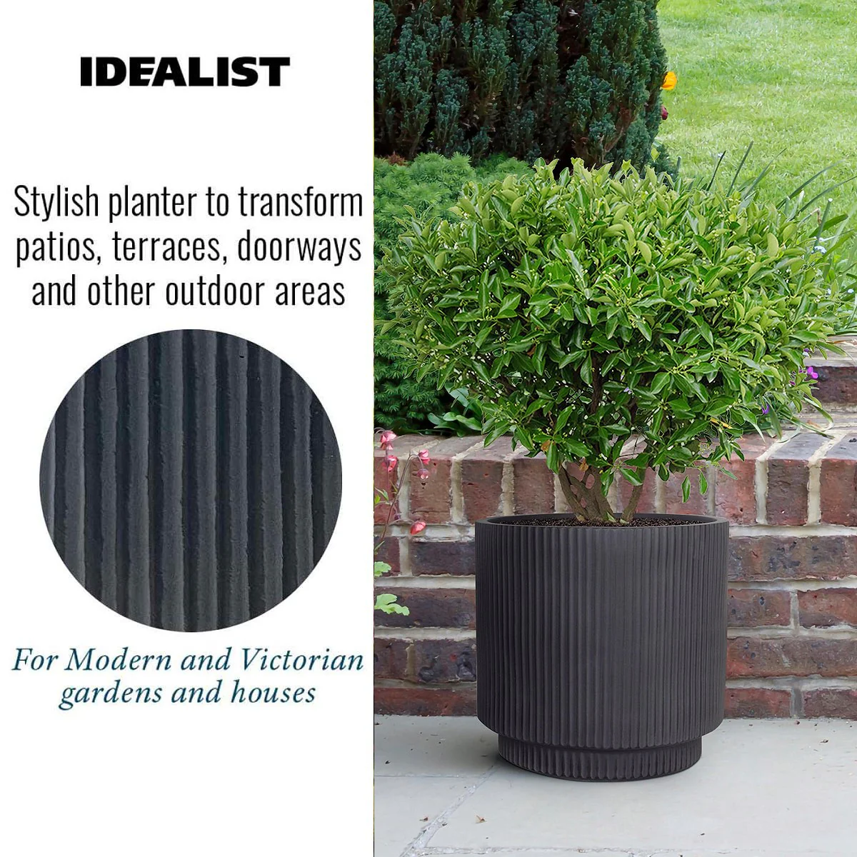 IDEALIST Lite Vertical Ribbed Black Cylinder Outdoor Planter - Image 4